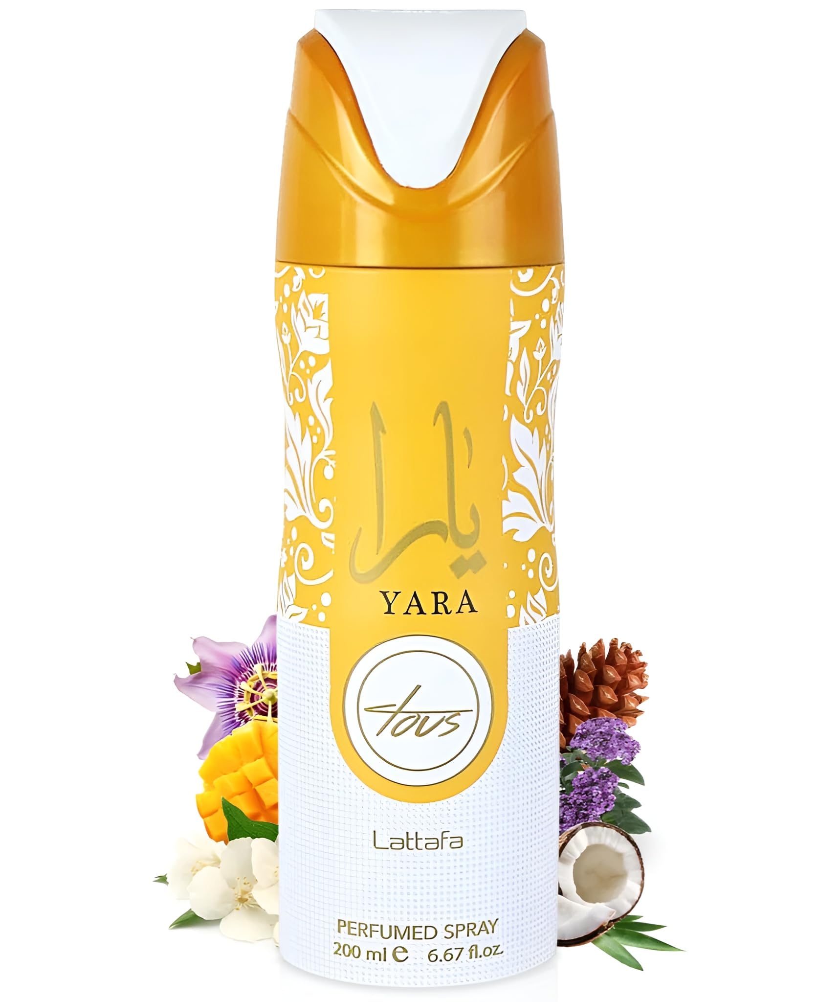 Lattafa Yara Tous bottle showing jasmine and orange blossom heart for feminine elegance.