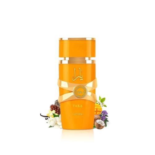 Lattafa Yara Tous top notes coconut mango passionfruit evoke tropical freshness.