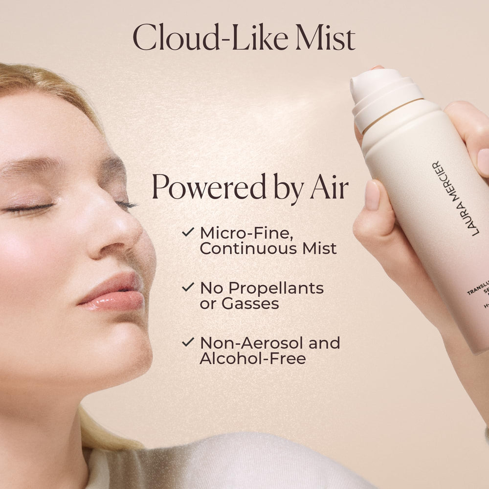 Laura Mercier French mineral water element showing gentle moisture boost on skin.