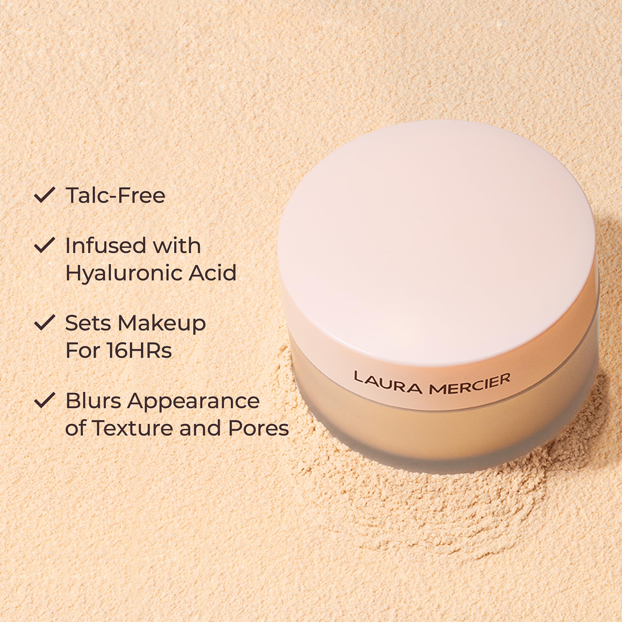 Laura Mercier Hyaluronic Acid-infused powder highlights hydrating, comfortable wear.