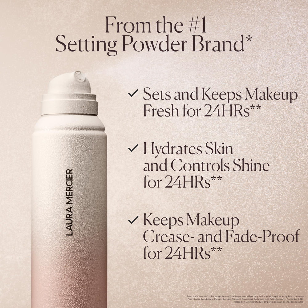 Laura Mercier micro-fine mist application captured mid-spray for even makeup setting.