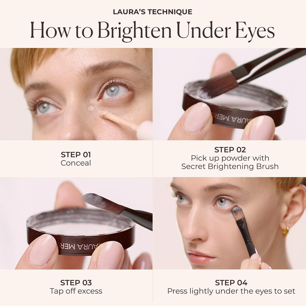Under-eye area in daylight with brighter, awake-looking look with Laura Mercier powder.