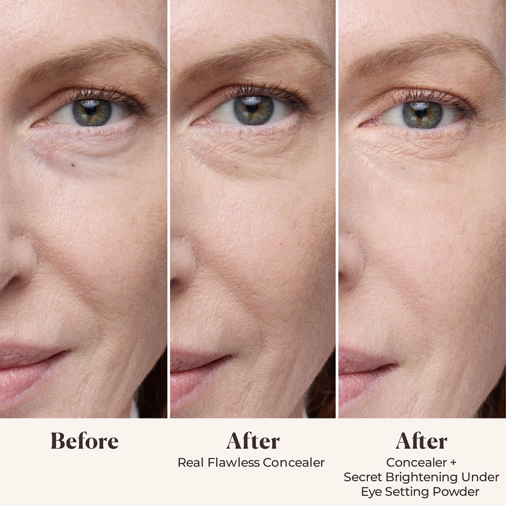 Close-up of Laura Mercier pearls highlighting eye-area brightness.