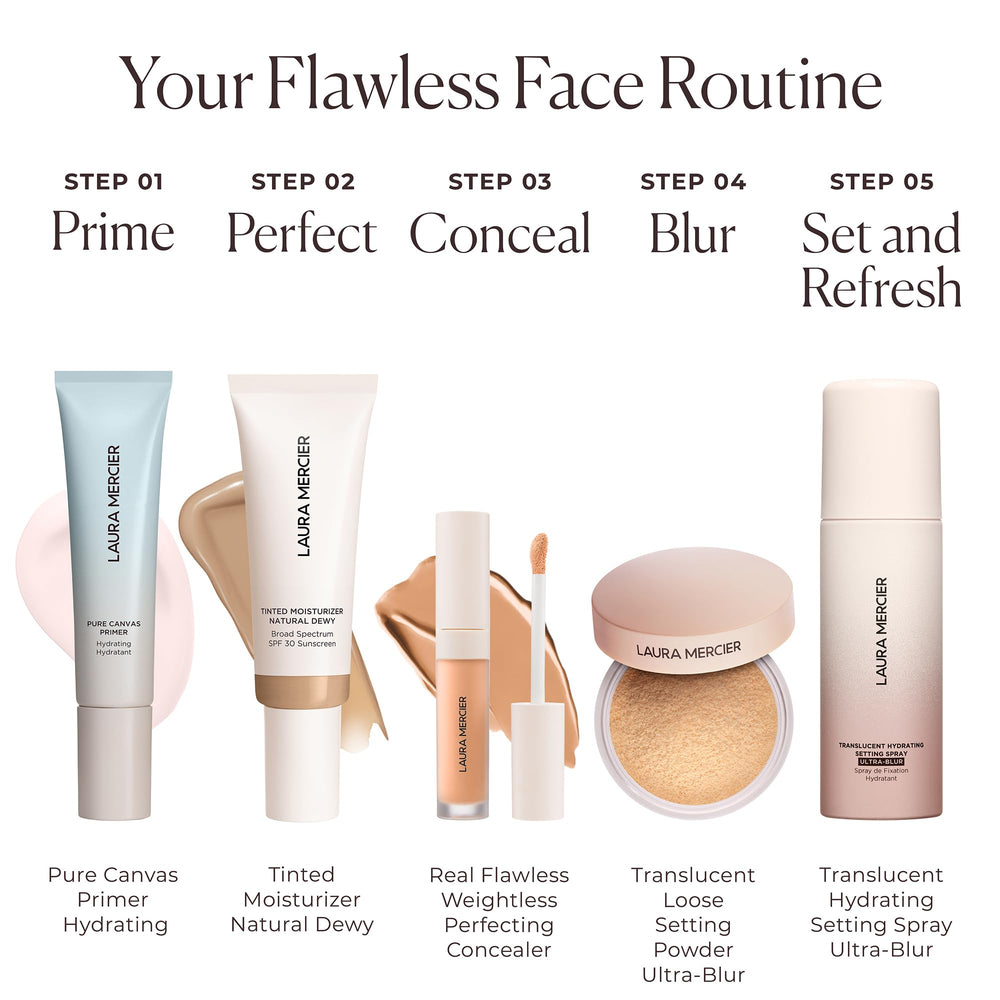 Laura Mercier setting spray in motion delivering a smudge-proof finish in outdoor light.