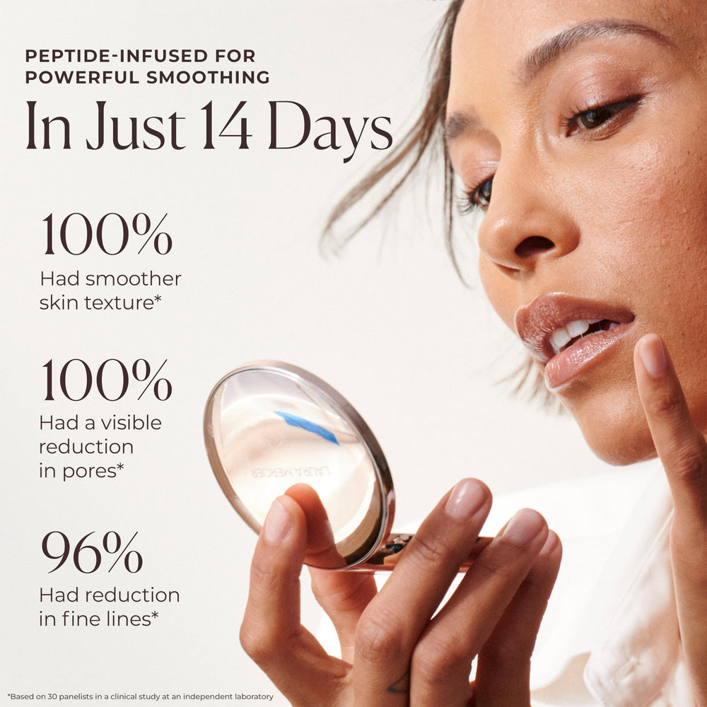 Laura Mercier Tinted Blur Balm peptide formula closeup highlighting texture refinement.