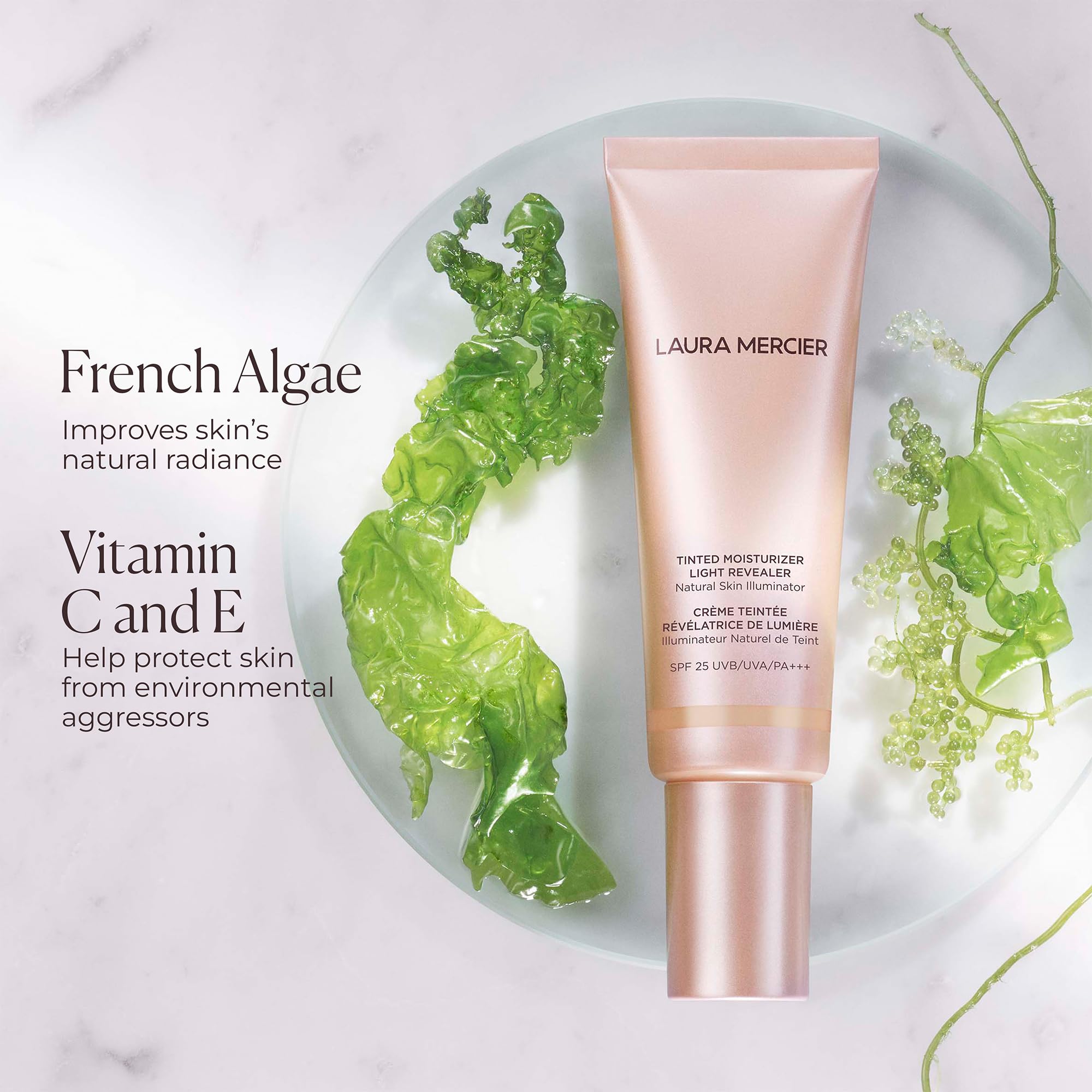 Laura Mercier Tinted Moisturizer Light Revealer glow finish delivers subtle luminosity.