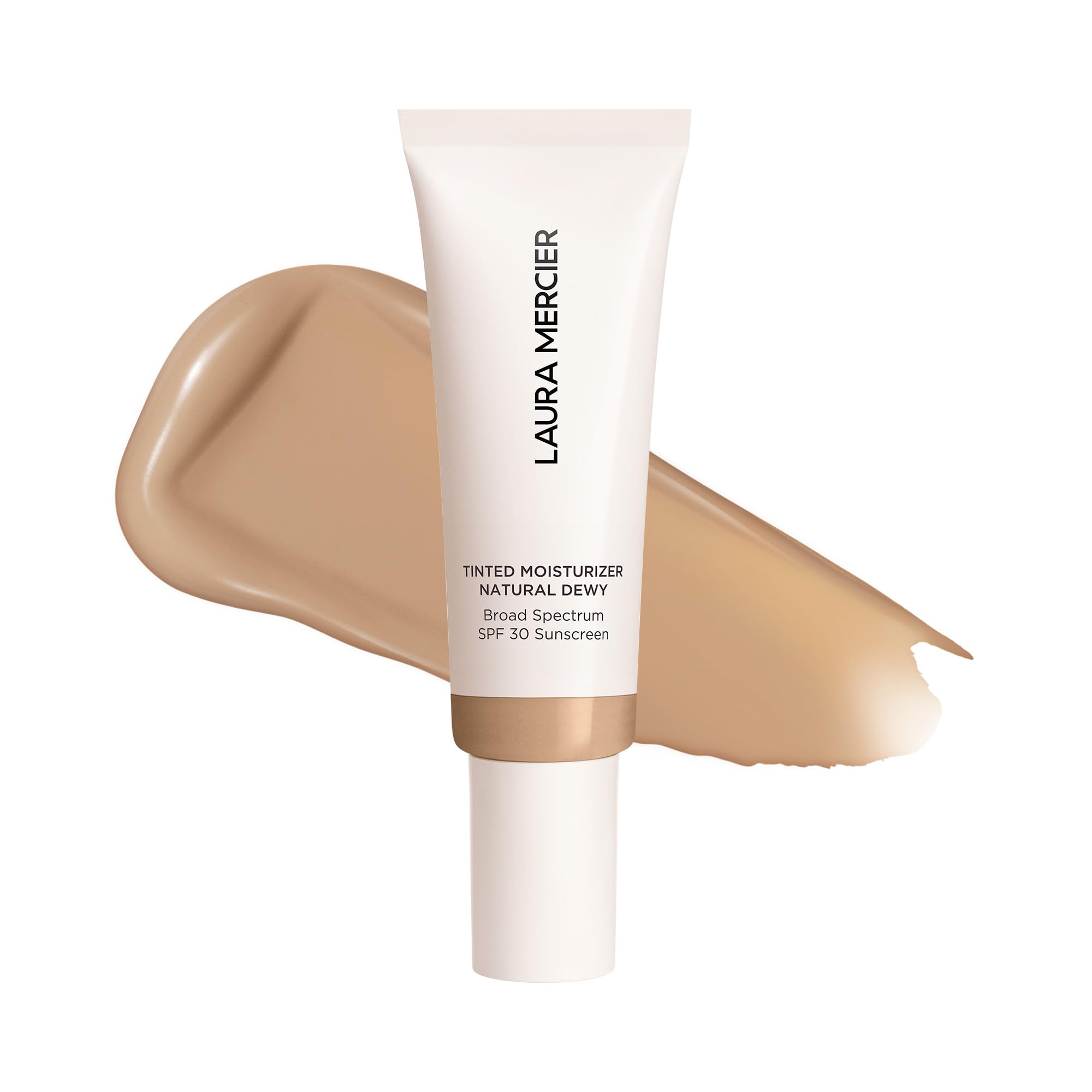 Laura Mercier Tinted Moisturizer Natural Dewy Sand - application photo shows sheer coverage and 24-hour hydration.