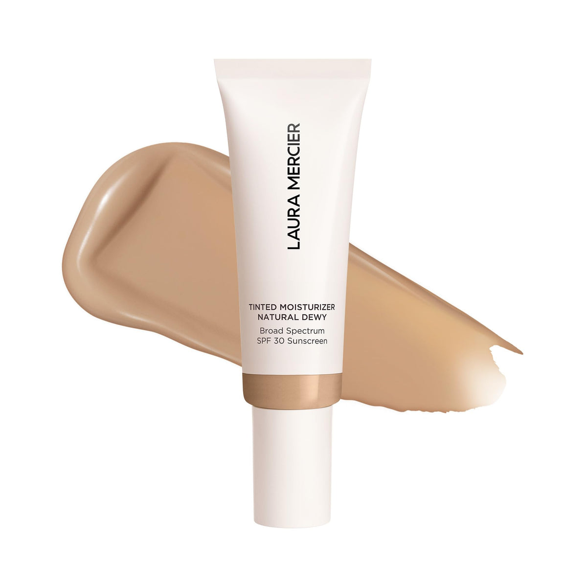 Laura Mercier Tinted Moisturizer Natural Dewy Sand - application photo shows sheer coverage and 24-hour hydration.
