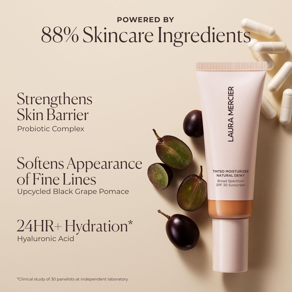 Laura Mercier Tinted Moisturizer Natural Dewy Sand swatch demonstrates longevity under humidity.