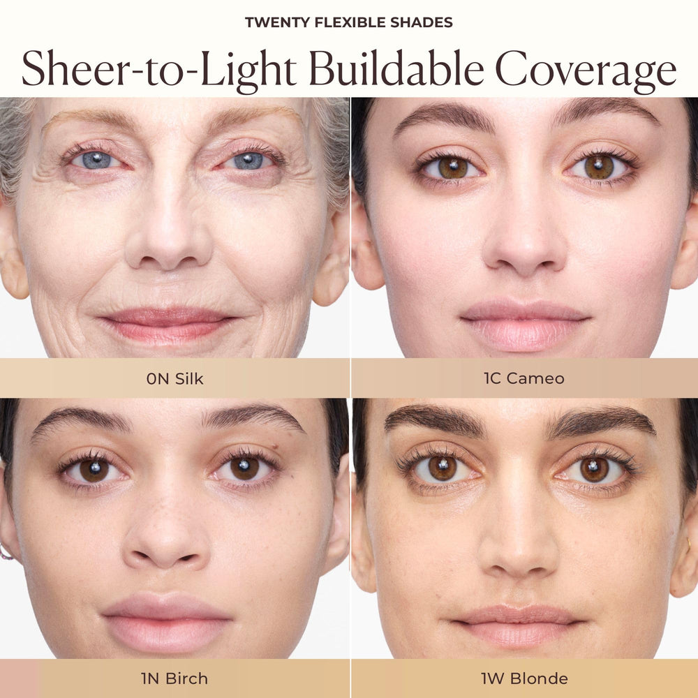 Radiant close-up of Laura Mercier showing dewy finish and lightweight feel