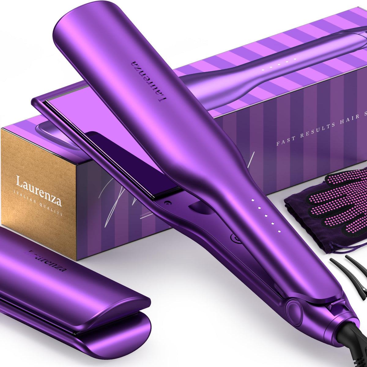 Laurenza 2-in-1 hair straightener-curler 2in plate in purple for fast, versatile styling.