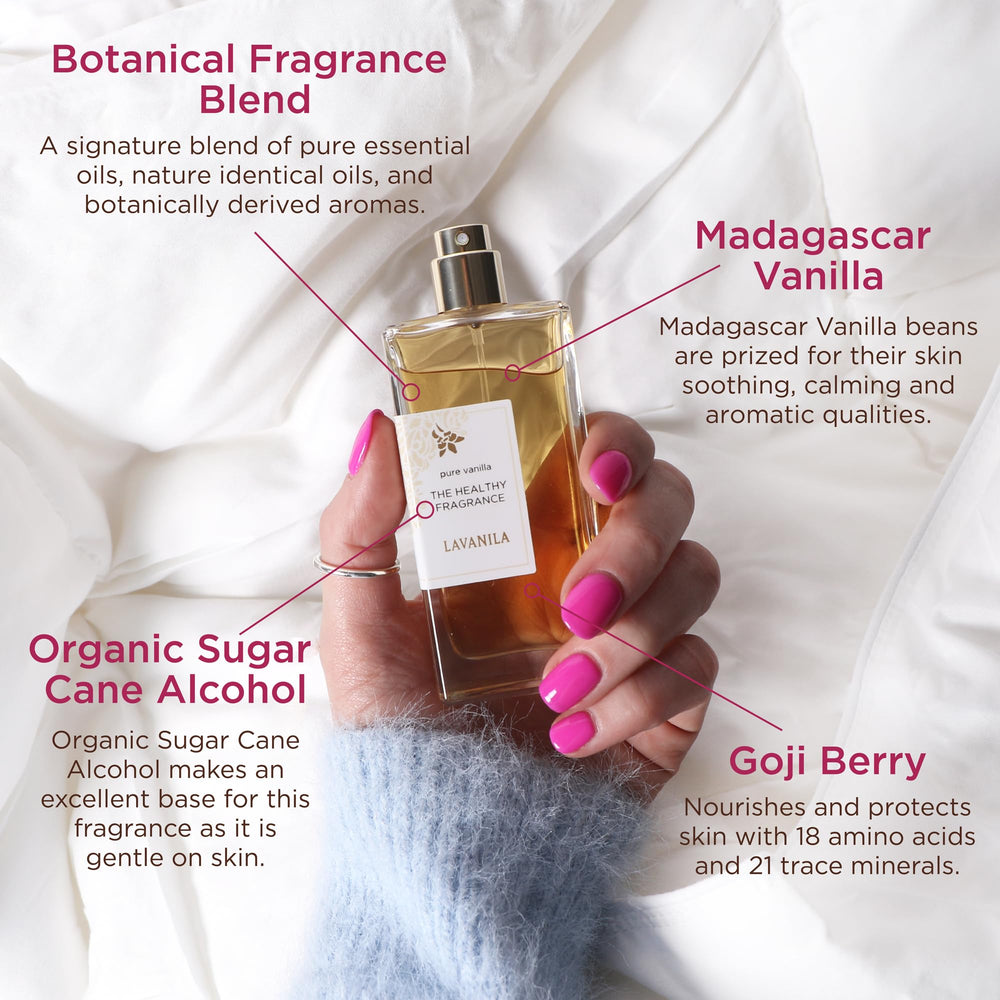 Lavanila Pure Vanilla Perfume spray nozzle demonstrates even dispersion for lasting scent.