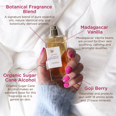 Lavanila Pure Vanilla Perfume spray nozzle demonstrates even dispersion for lasting scent.