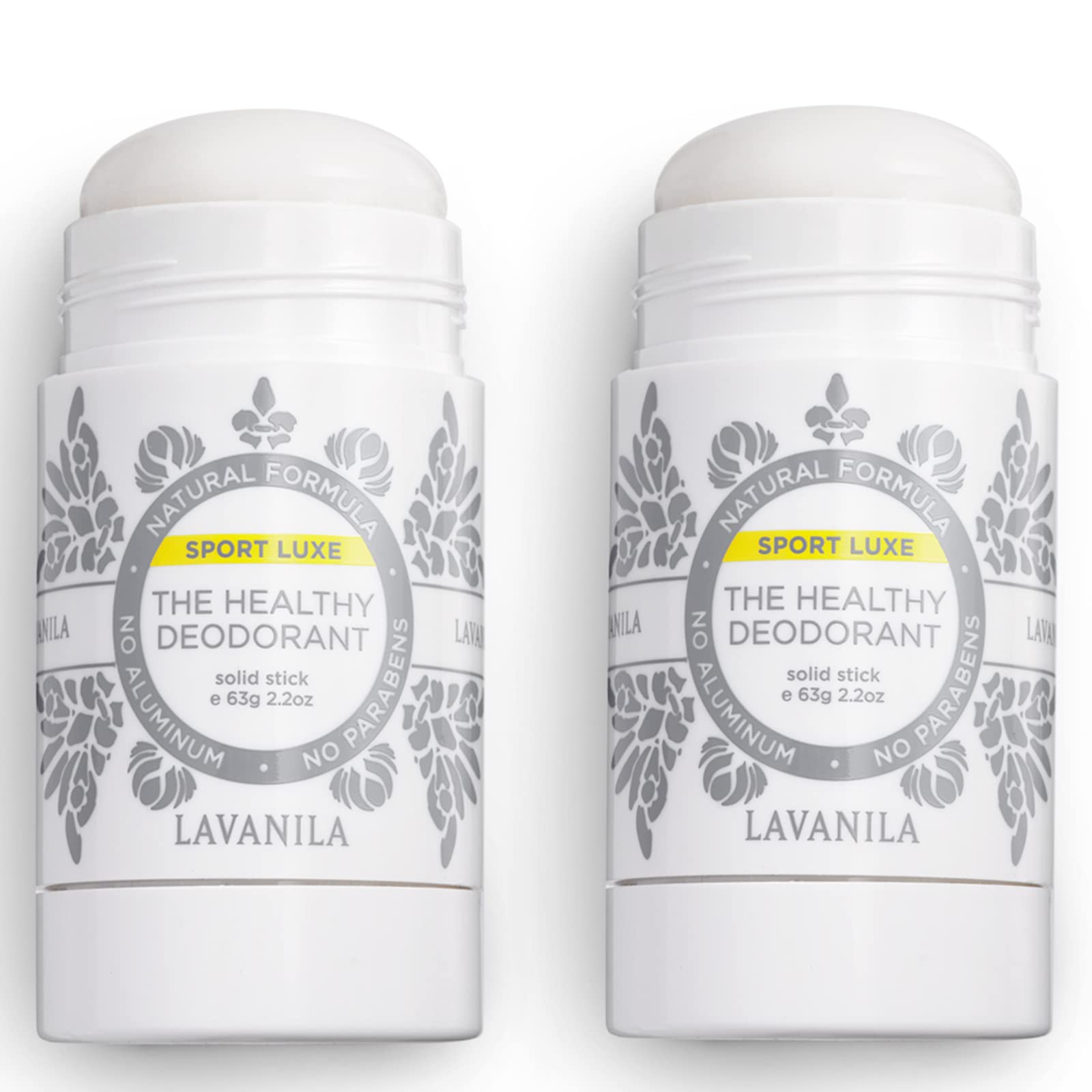 Lavanila Sport Luxe deodorant stick angled for sleek design and natural protection during workouts.