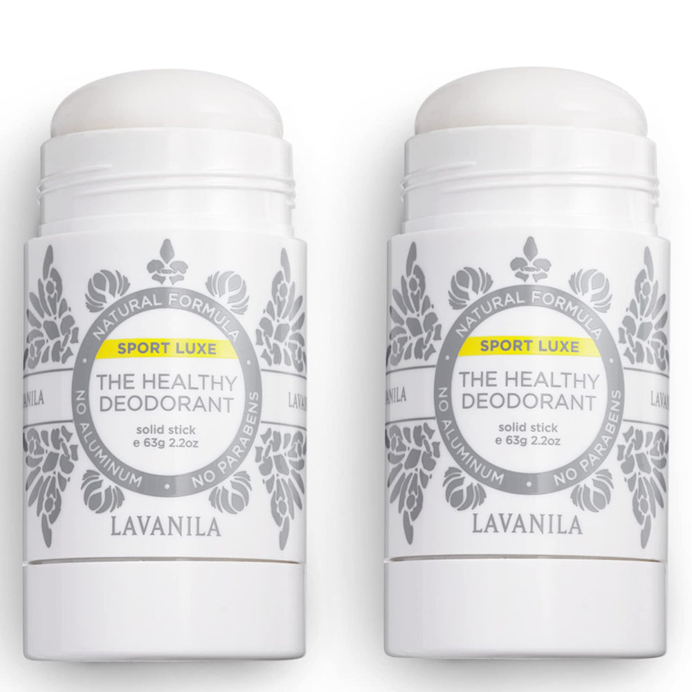 Lavanila Sport Luxe deodorant stick angled for sleek design and natural protection during workouts.