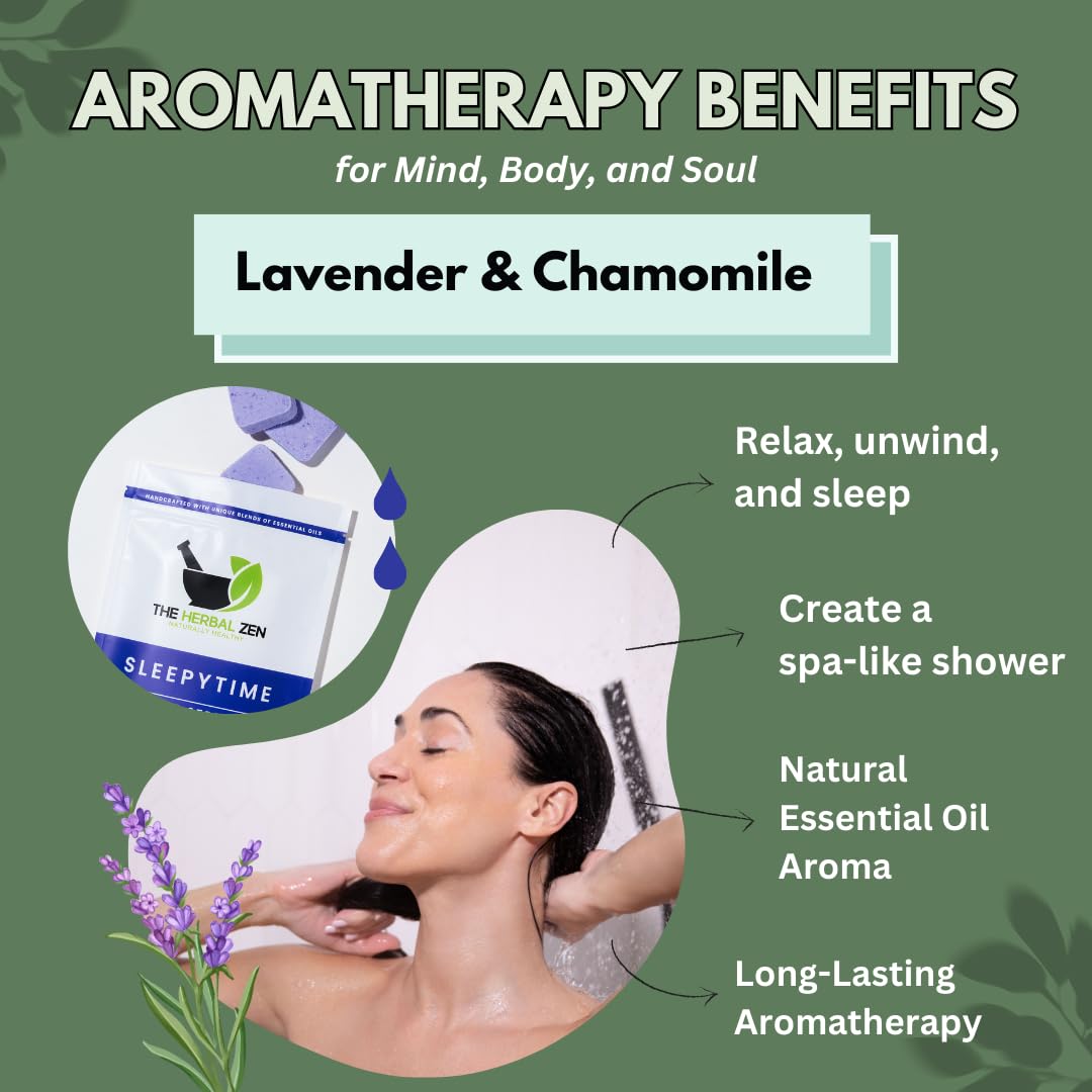 The Herbal Zen lavender shower steamer dispensing to release aroma during a refreshing shower.