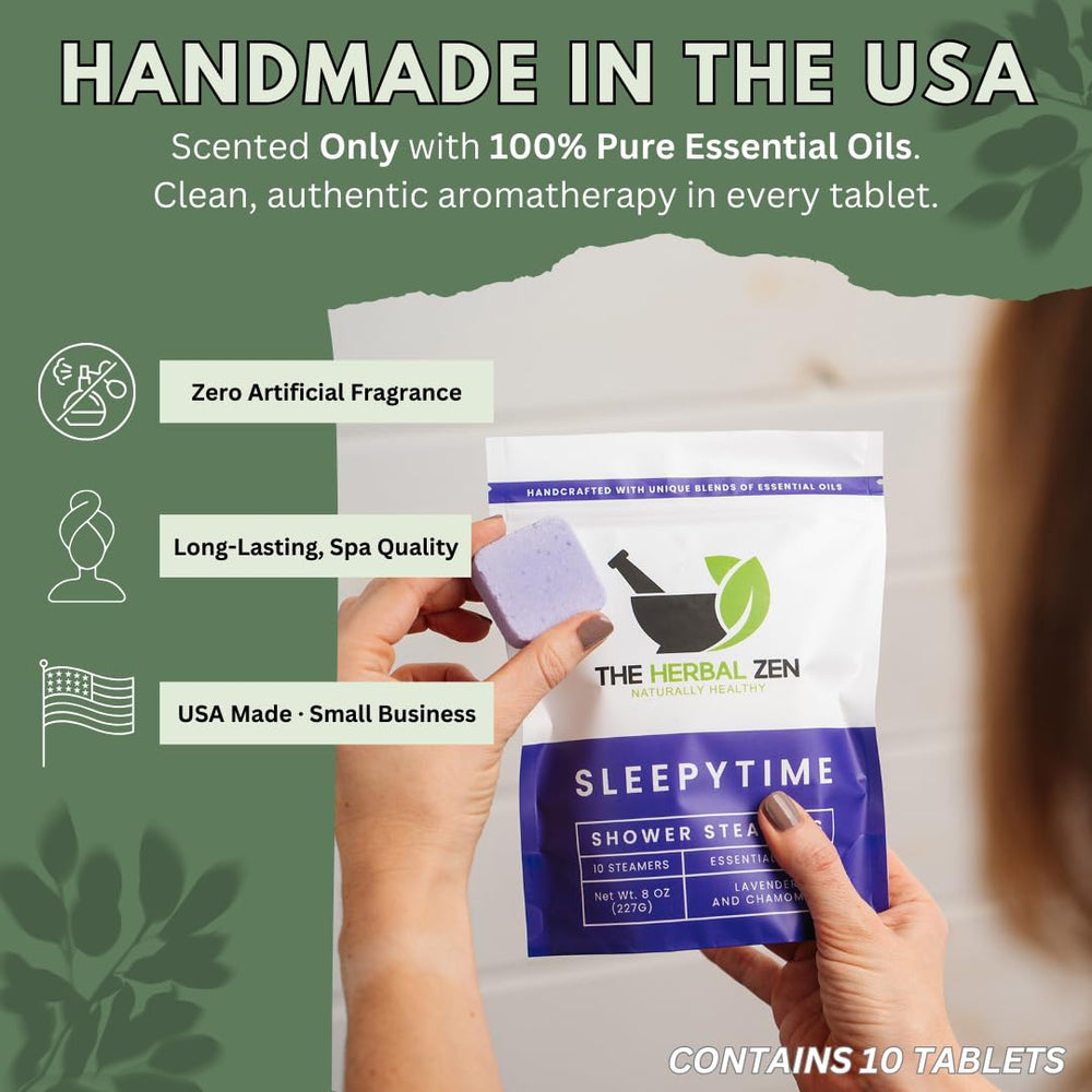 The Herbal Zen lavender shower steamer steam release creating spa like ambience.
