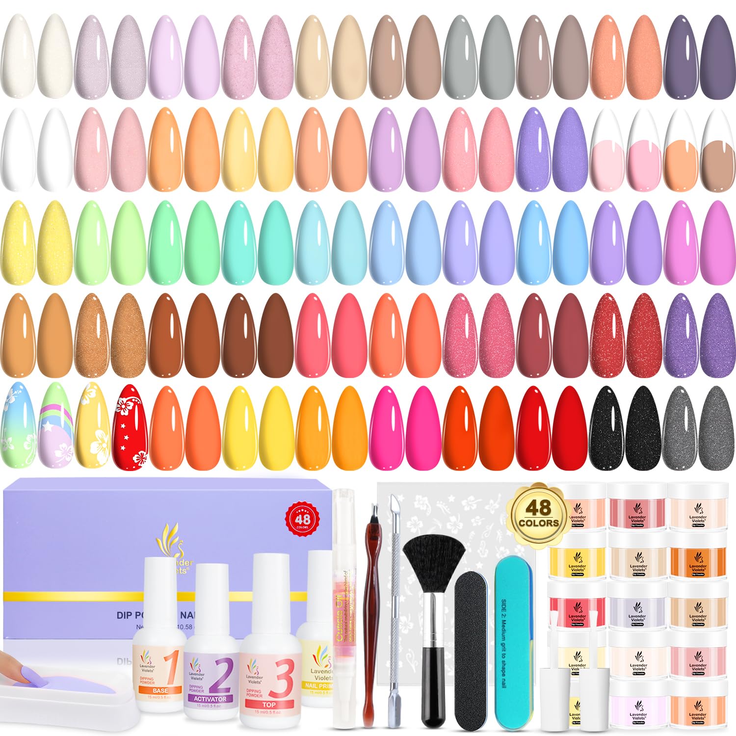 Lavender Violets color chart showing 48 dip powder shades for versatile nail art