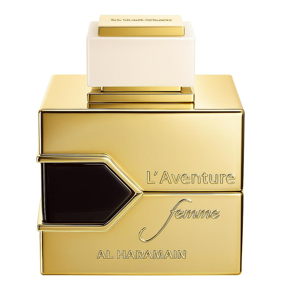 Al Haramain L'aventure bottle front showcases sleek design for elegant daily wear.