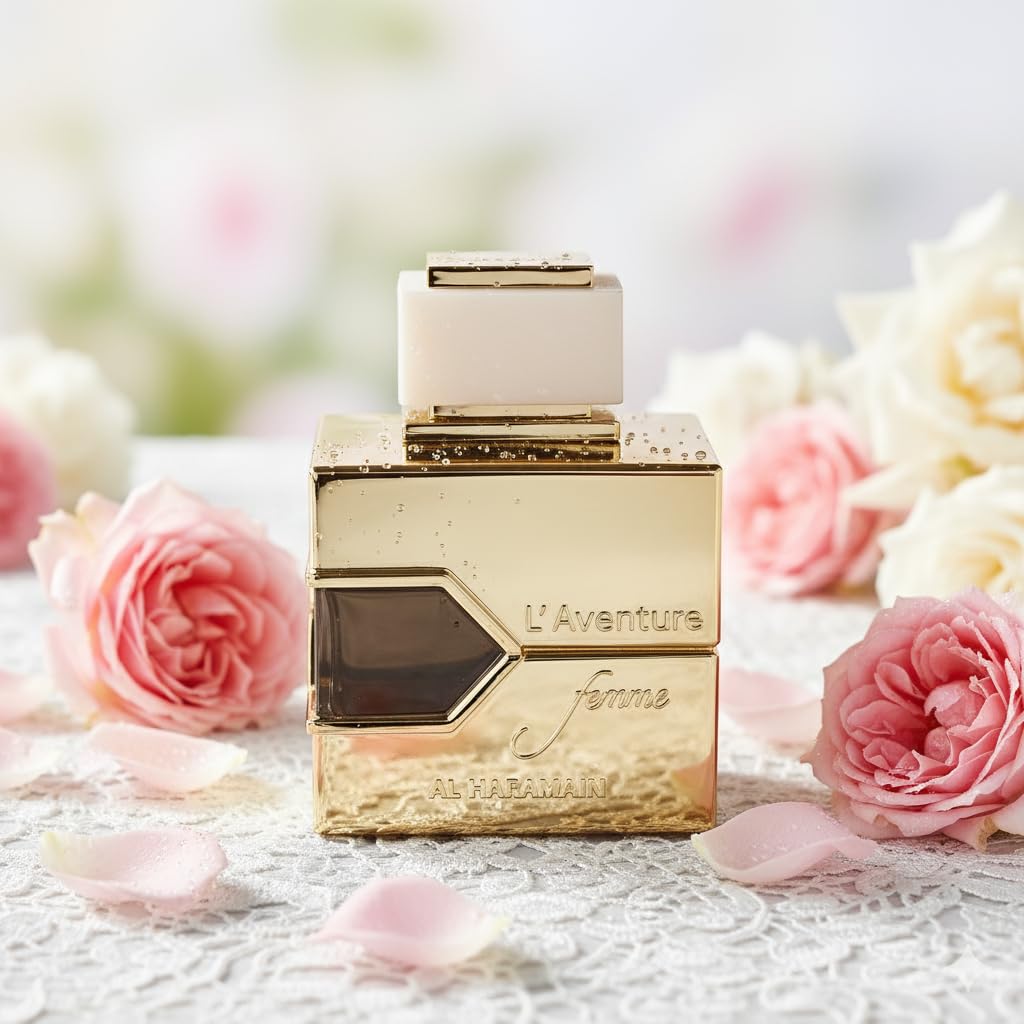L'aventure bottle side view emphasizes a balanced silhouette and modern fragrance appeal.