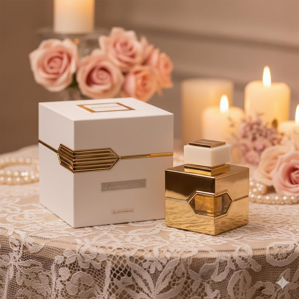 L'aventure packaging box presents the product with premium branding and clean typography.