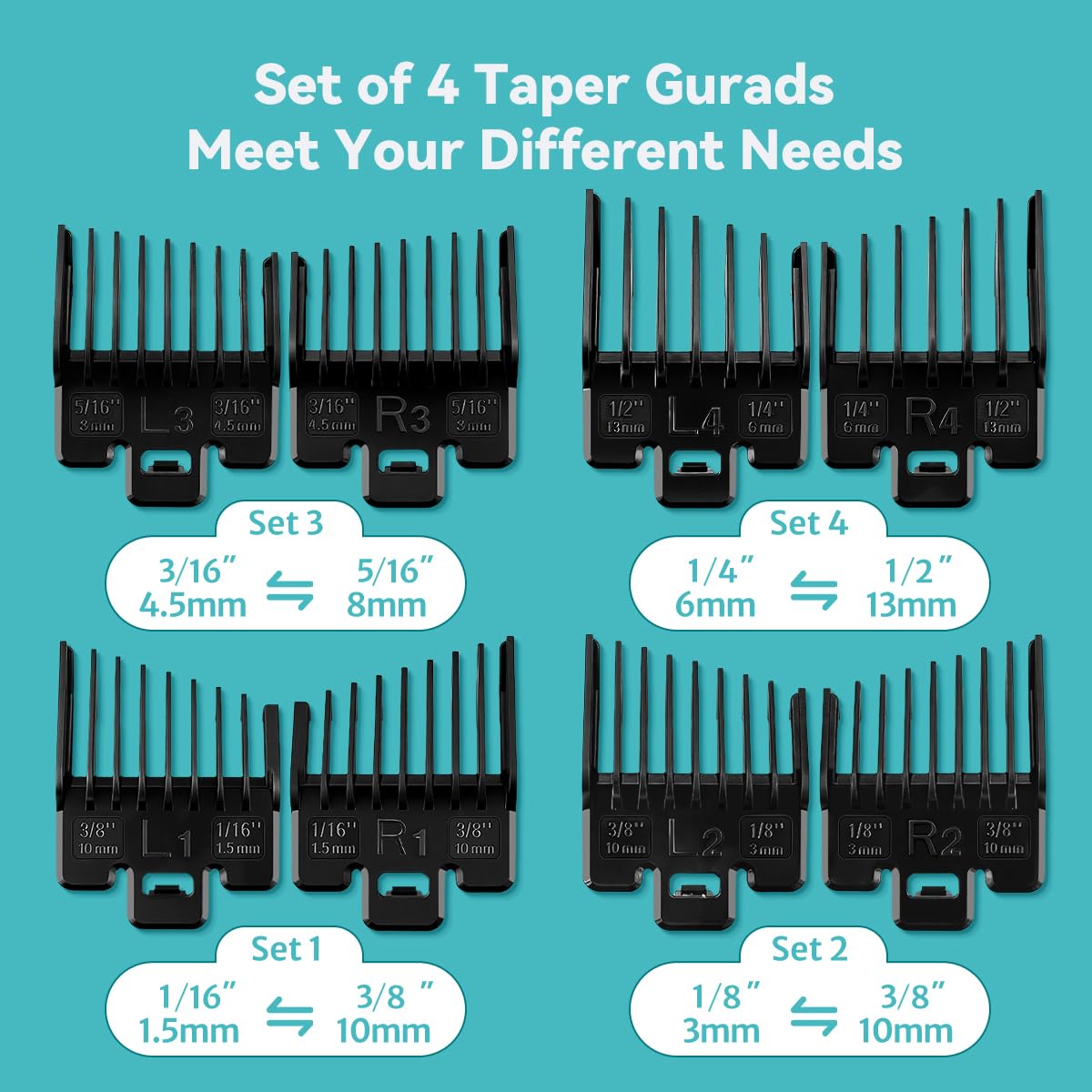 Four sizes of guards shown for versatile haircut lengths.