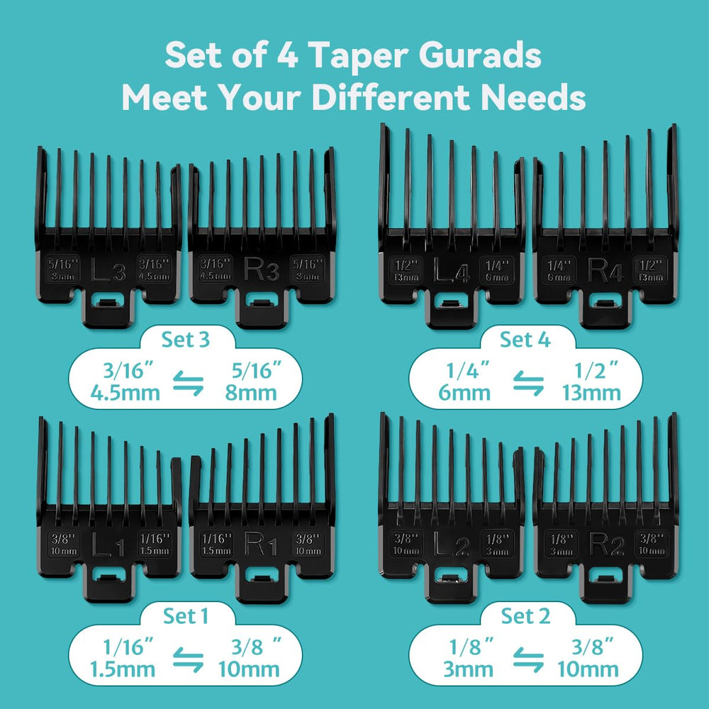 Four sizes of guards shown for versatile haircut lengths.