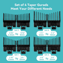Four sizes of guards shown for versatile haircut lengths.