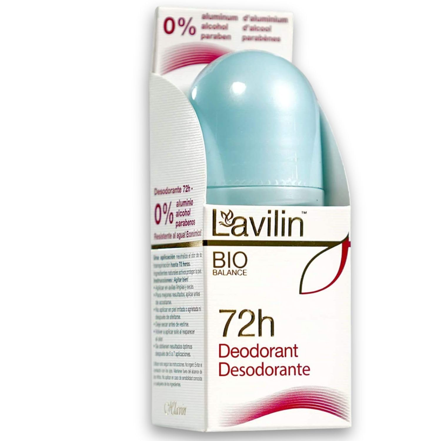 Lavilin roll-on bottle front showing compact, aluminum-free formula for everyday protection