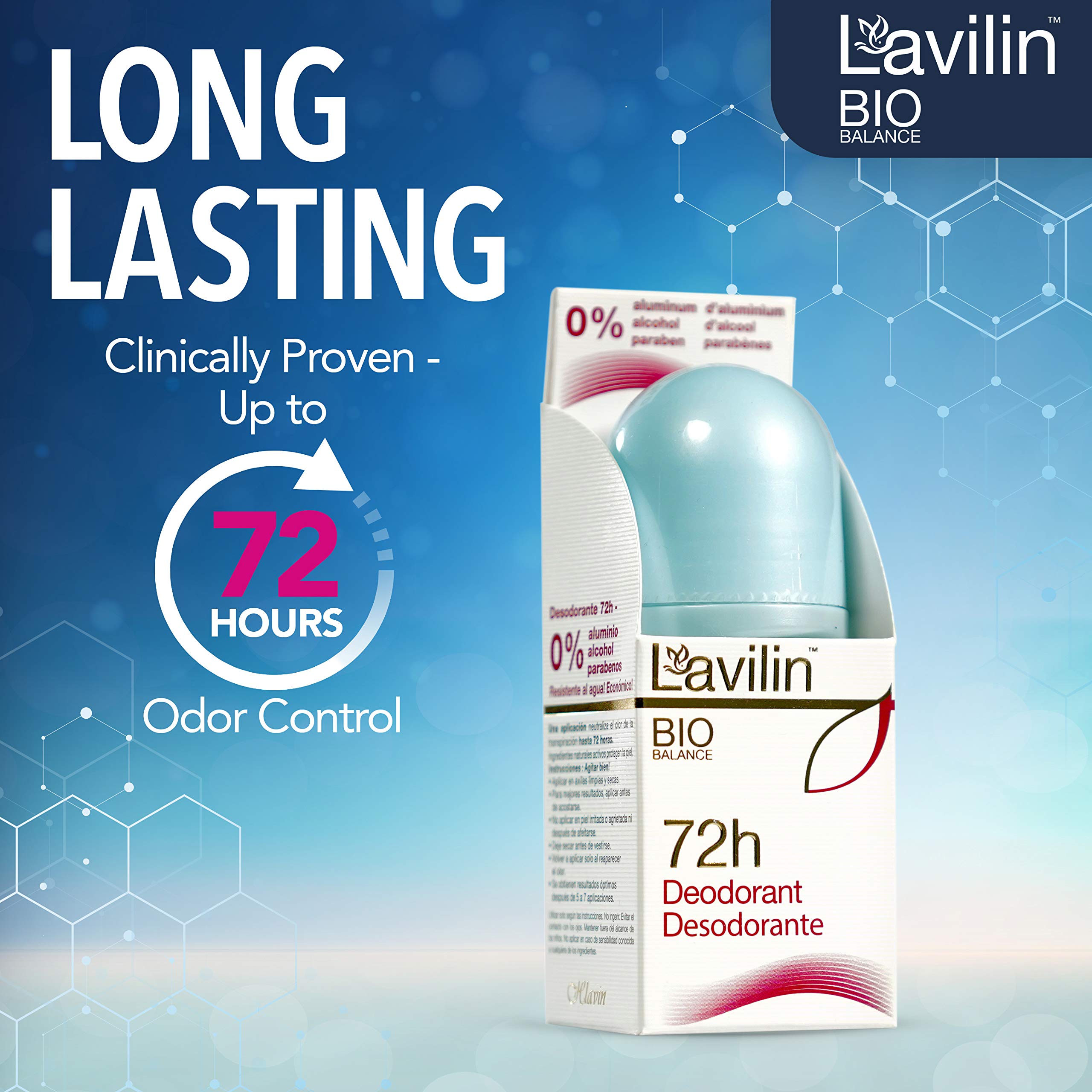 Lavilin roll-on deodorant packaging box highlights cruelty-free, paraben-free, alcohol-free formula for sensitive skin