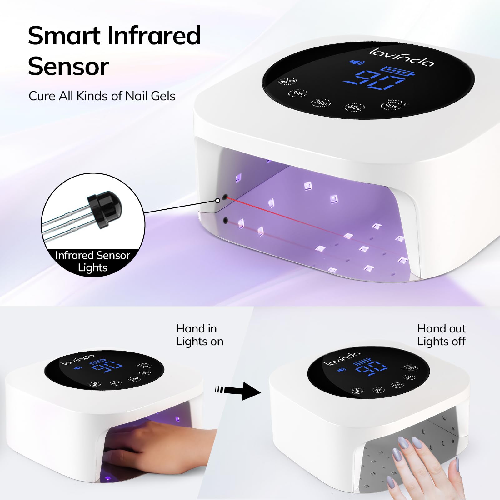 Lavinda UV LED Nail Lamp wide curing space fits five fingernails.