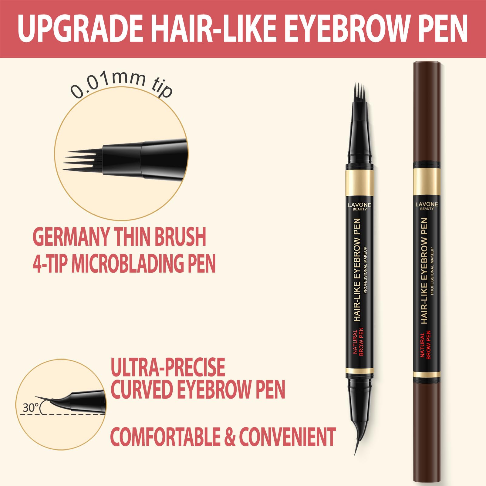 LAVONE Curved precision brow tip for shaping sparse areas.