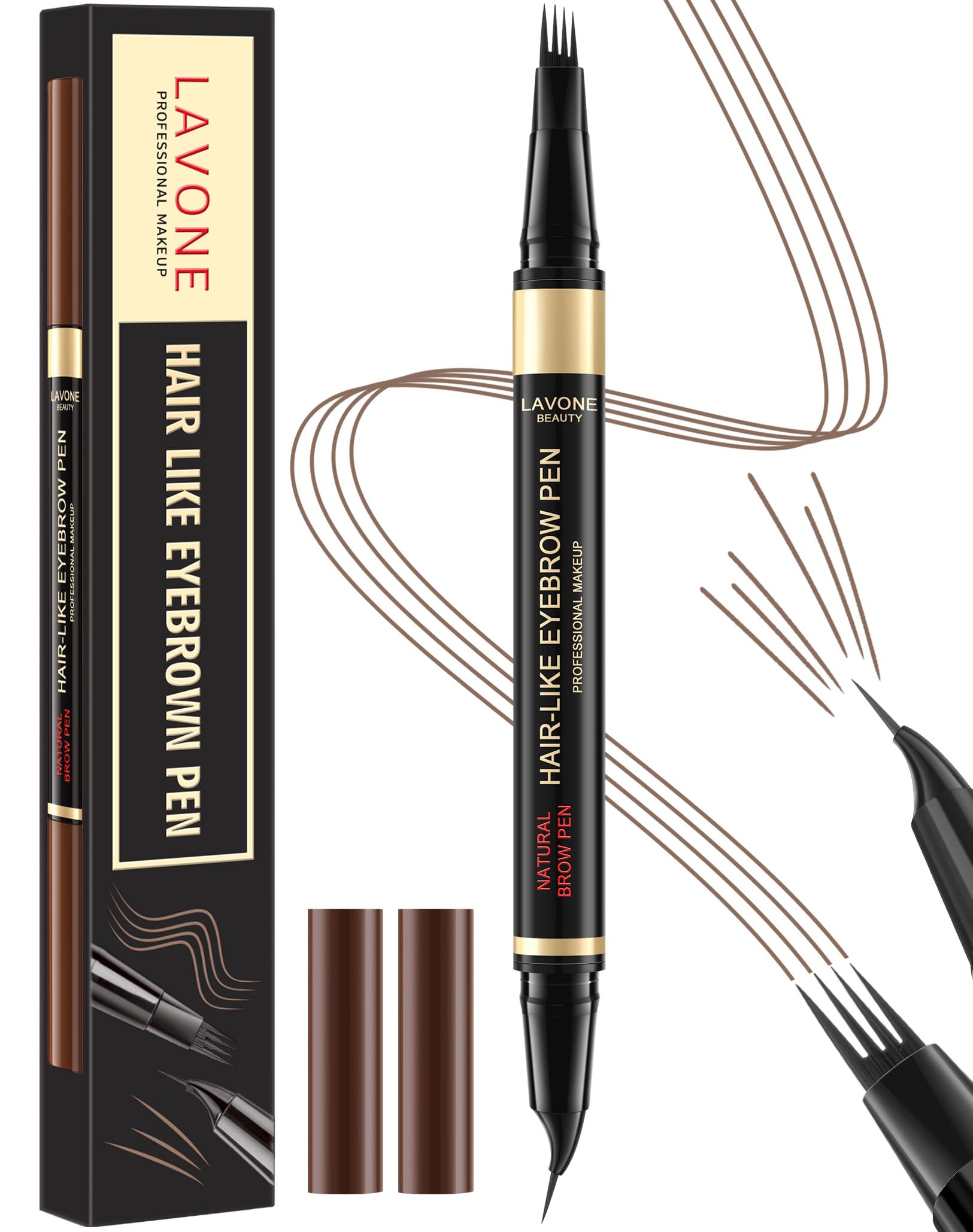 LAVONE Eyebrow Pen with 4-tip microblading strokes for natural, hair-like brows.