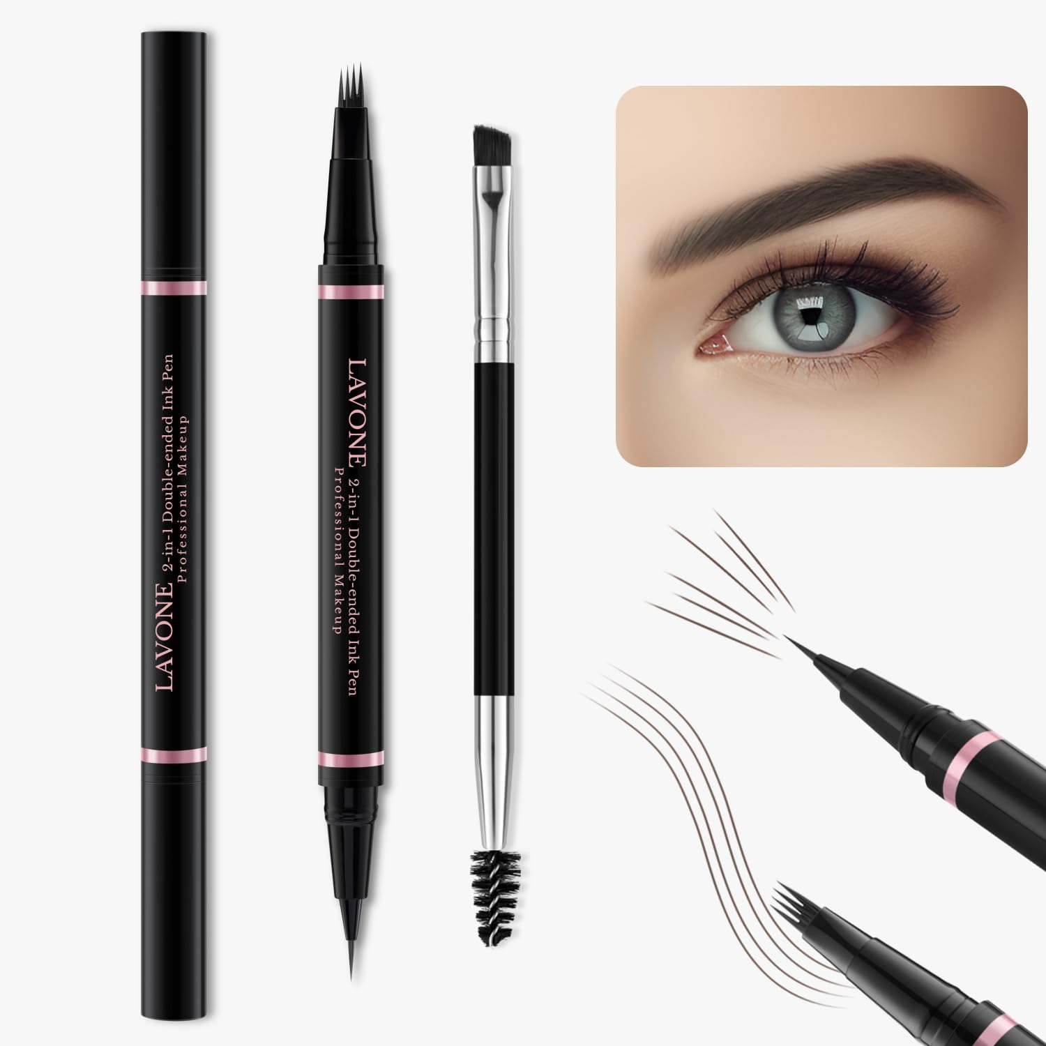 LAVONE lápiz cejas 2 en 1 para trazos realistas.