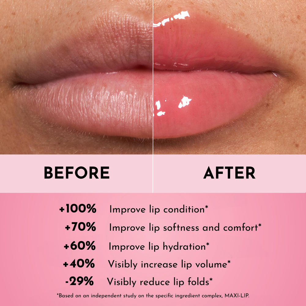 Lawless Forget The Filler lip plumper gloss on lips delivering ultra-shine and fuller-looking lips.