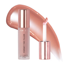 LAWLESS Forget The Filler Nudie gloss on lips, glossy finish with subtle plump.