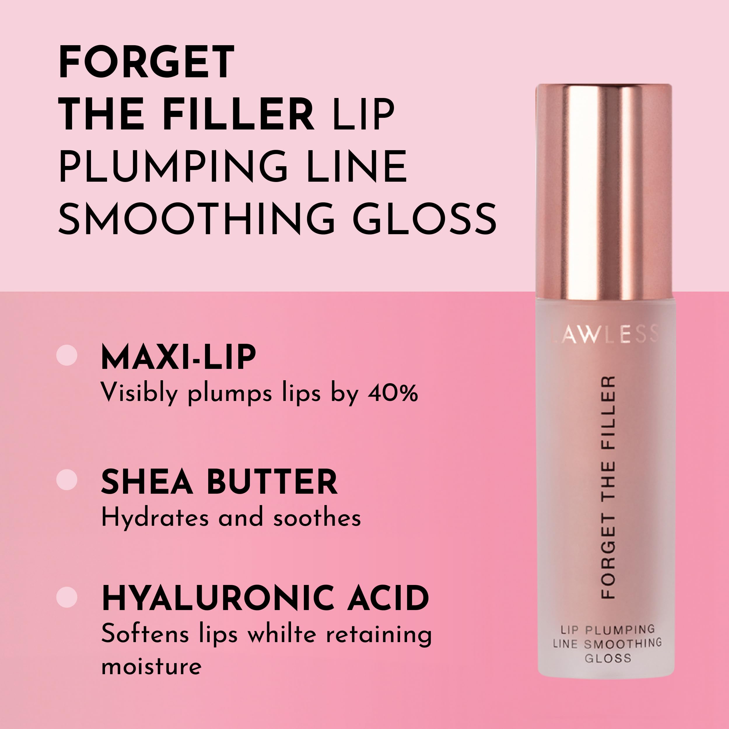 Nudie pink LAWLESS lip gloss provides hydrating shine and smoothing.