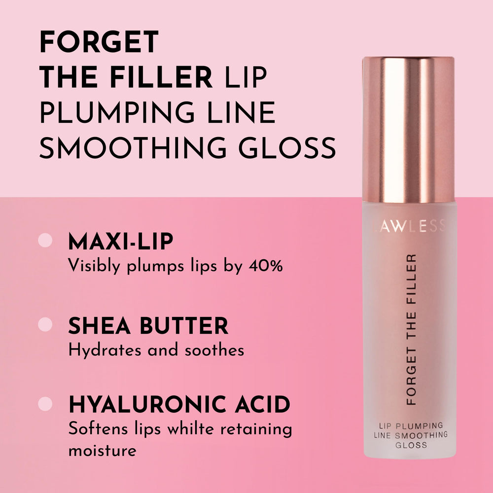 Nudie pink LAWLESS lip gloss provides hydrating shine and smoothing.