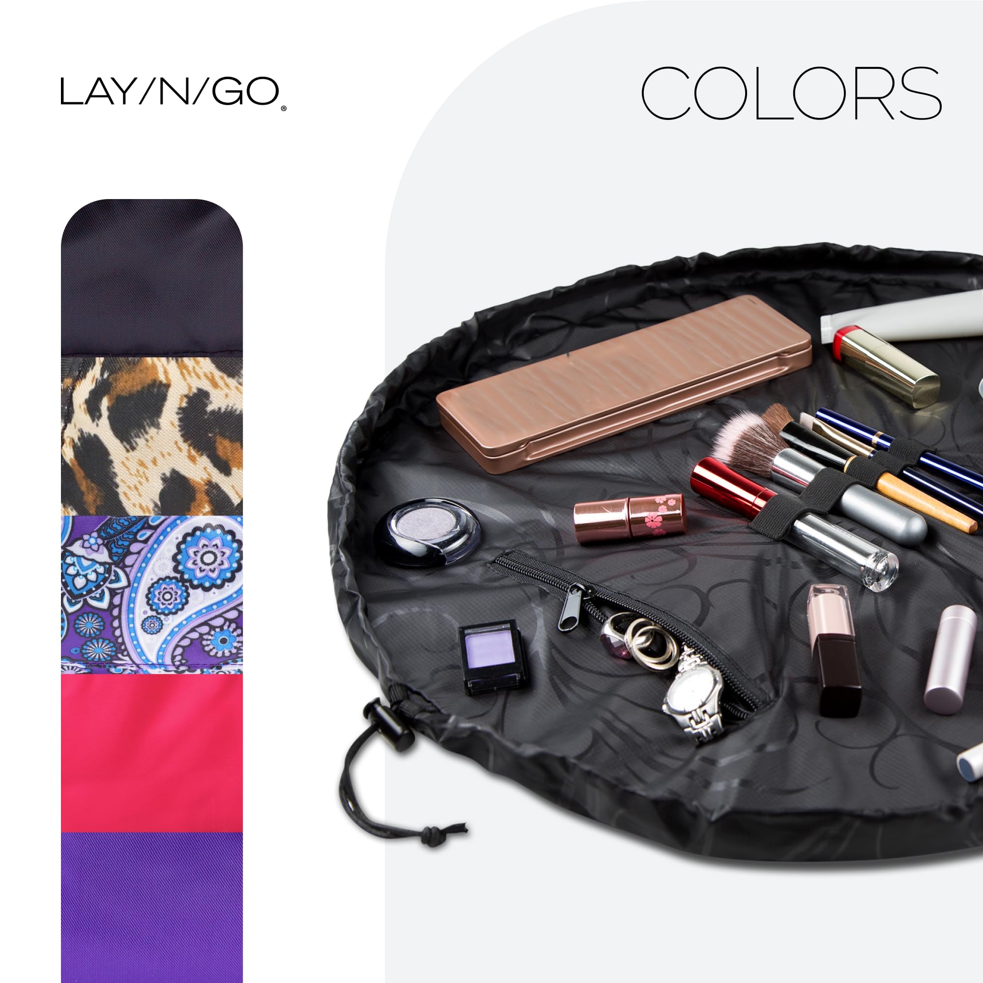 Lay-n-Go Cosmo holds full-size cosmetics and toiletries