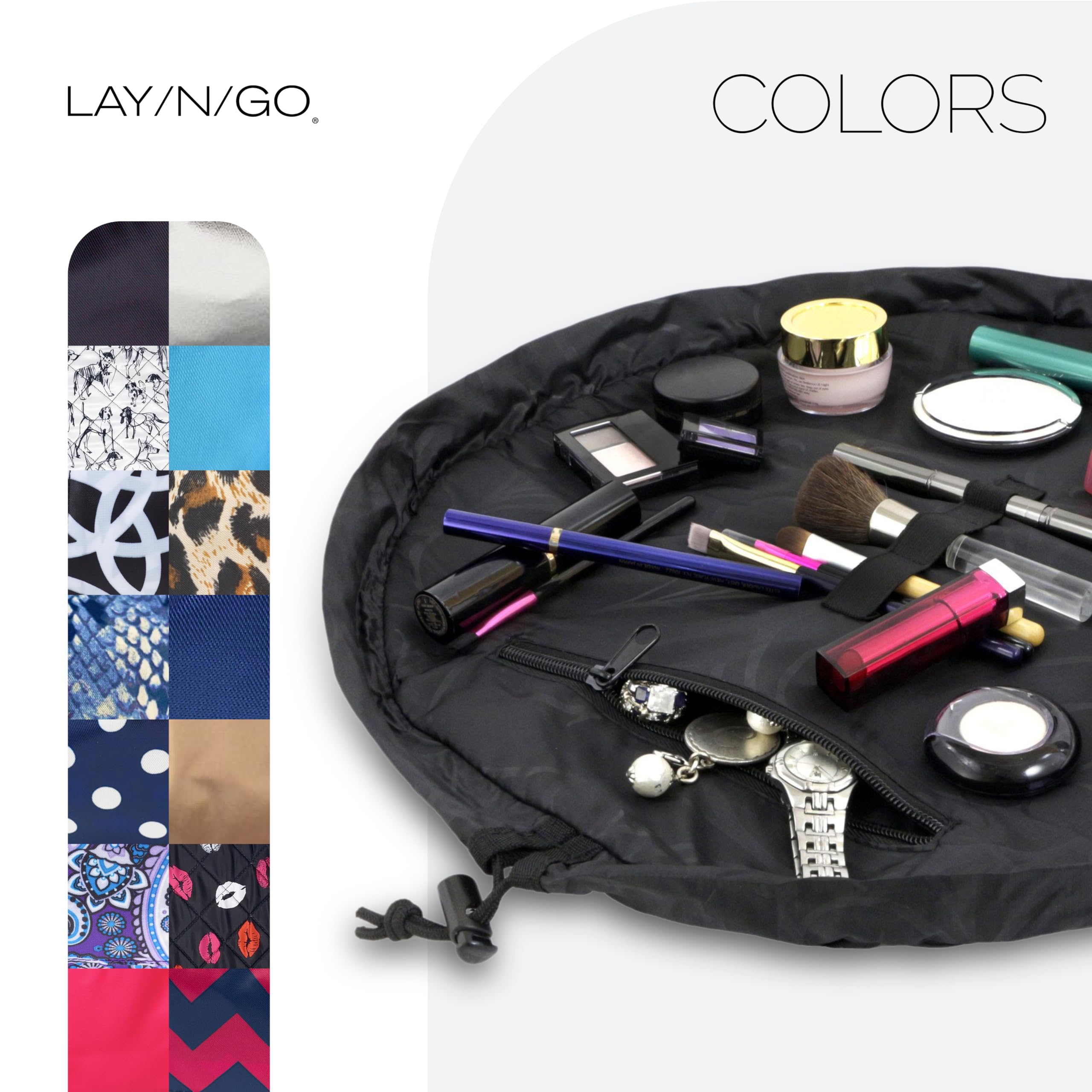 Cosmo bag holding full-size makeup and skincare items