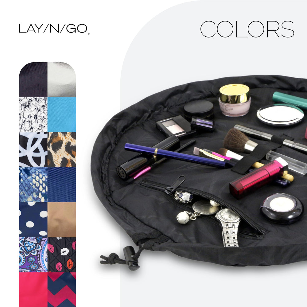 Cosmo bag holding full-size makeup and skincare items