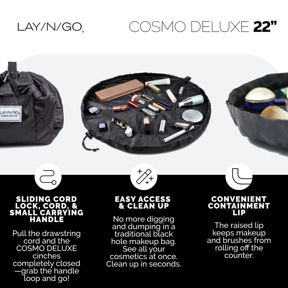Cosmo bag zip pocket stores small items during hotel stays