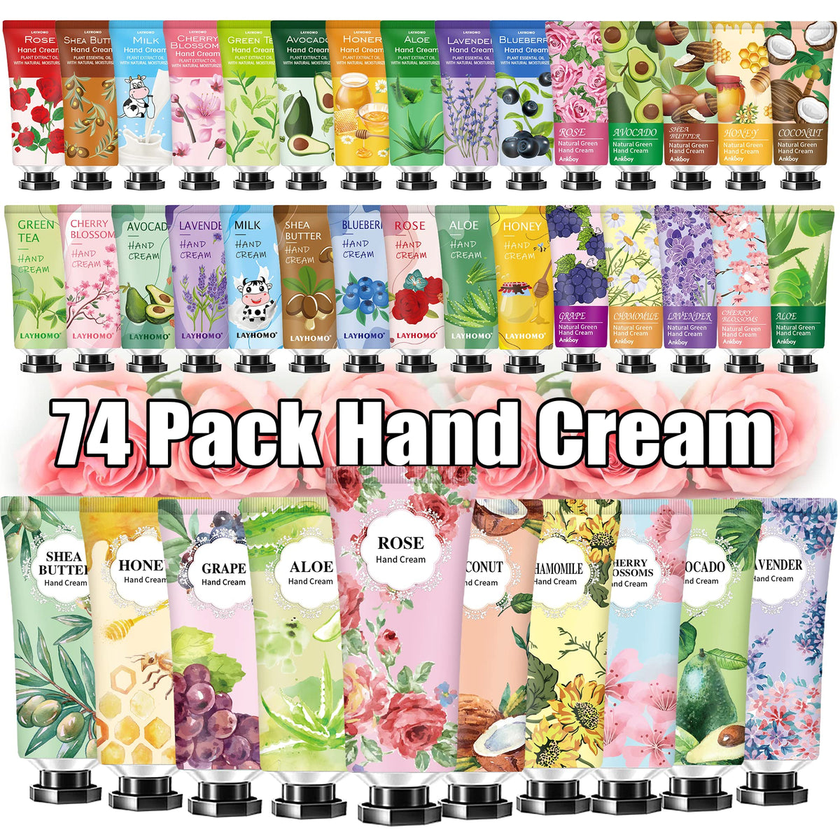 Layhomo 74-pack hand cream set with assorted fragrances for daily moisture.