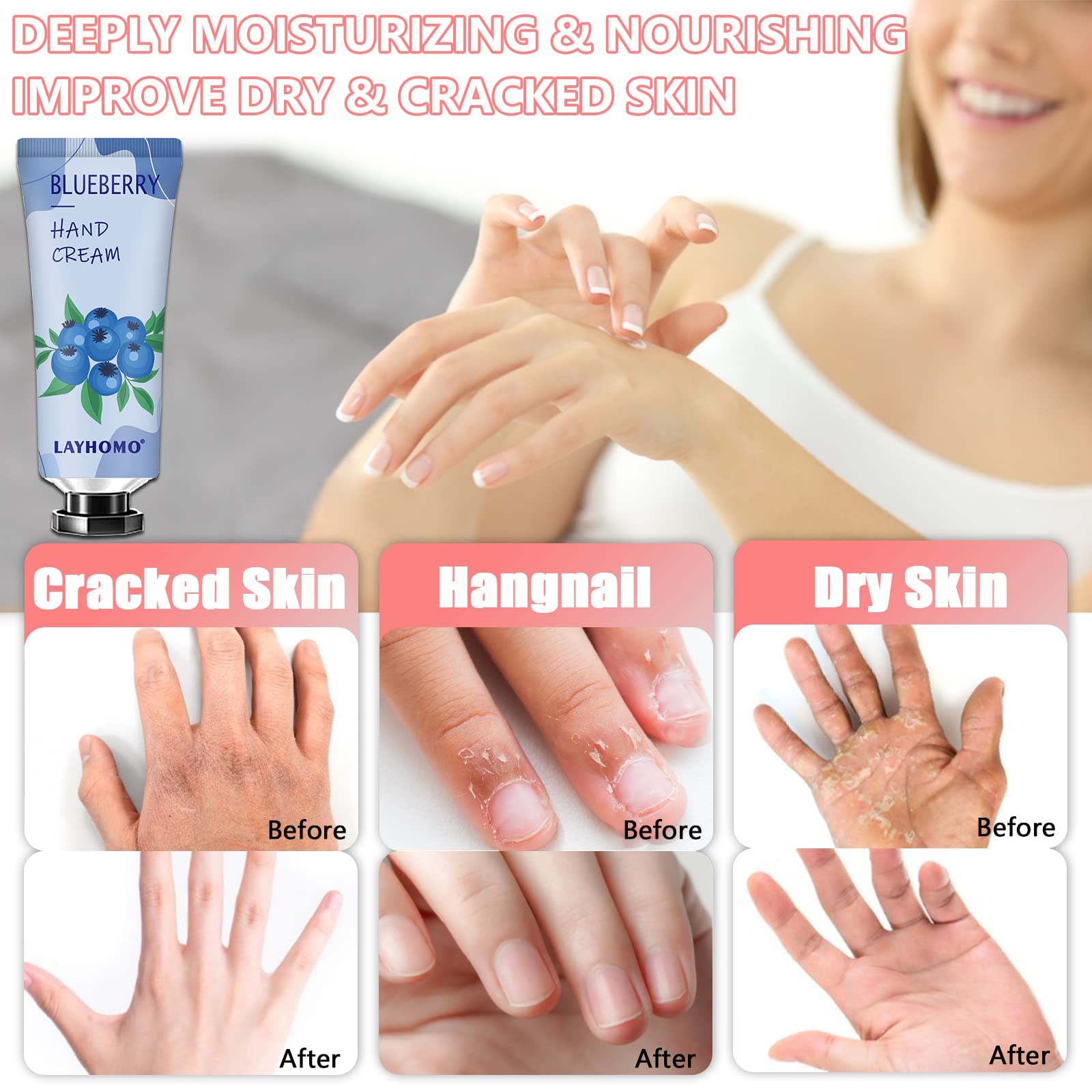 Layhomo fast-absorbing non-greasy hand lotion suitable for all skin types.
