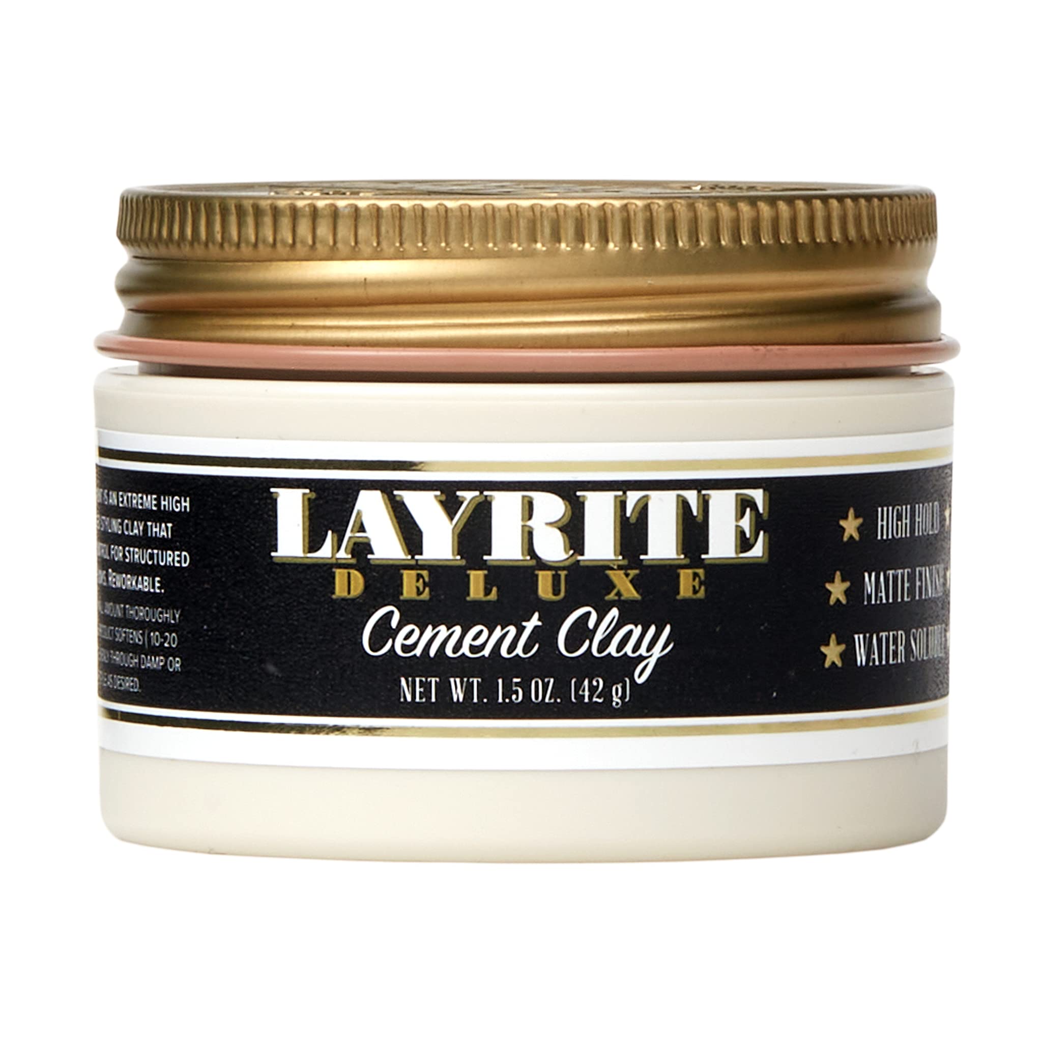 Layrite Deluxe Cement Clay: envase blanco y acabado mate duradero.