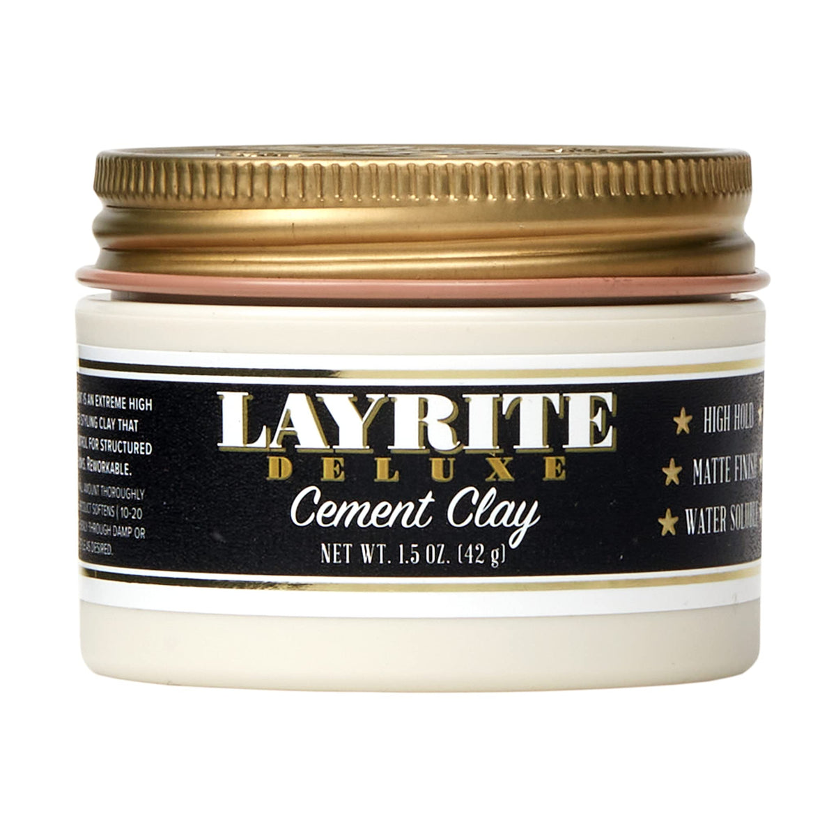 Layrite Deluxe Cement Clay: envase blanco y acabado mate duradero.