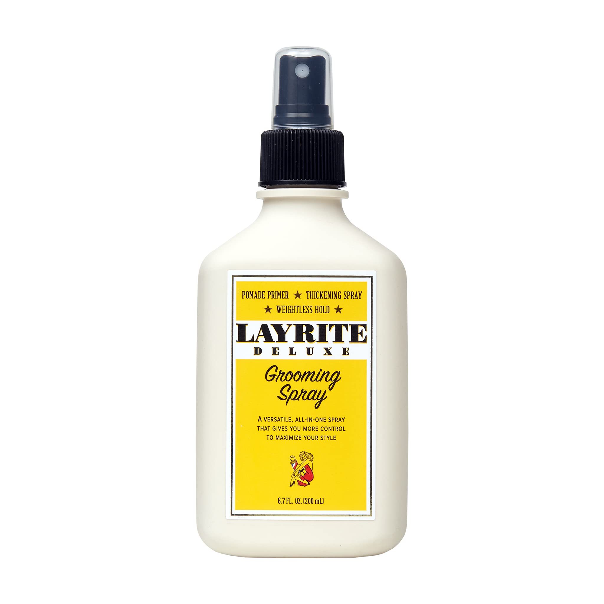 Layrite Grooming Spray: botella y rociado para mayor cuerpo y textura en el cabello.