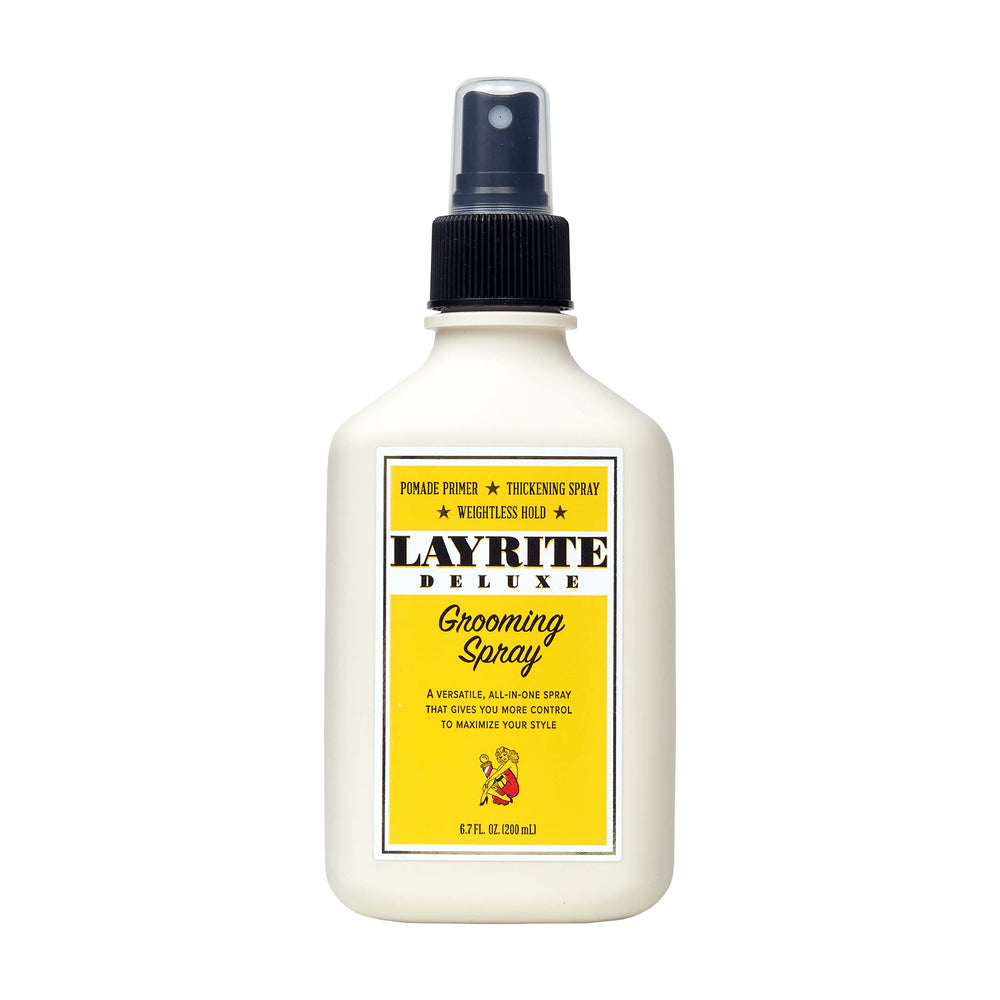Layrite Grooming Spray: botella y rociado para mayor cuerpo y textura en el cabello.