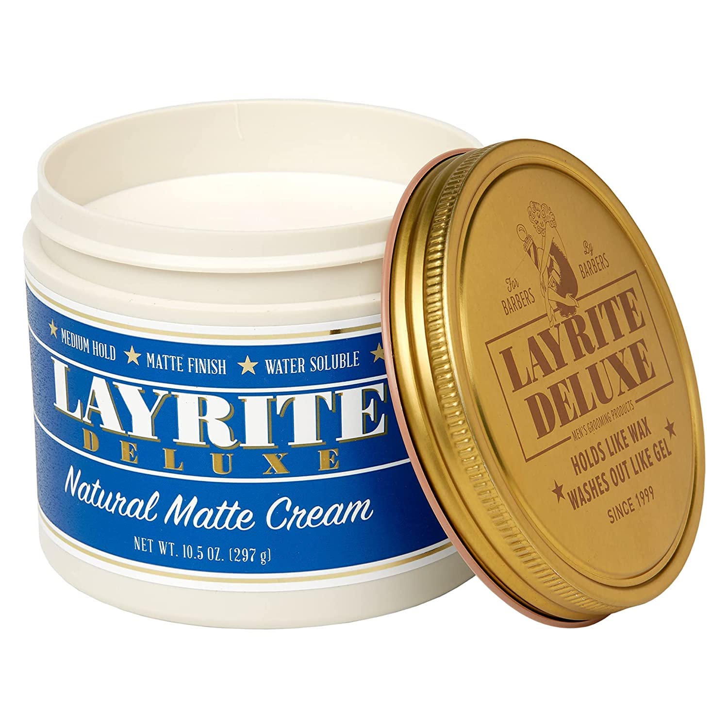Layrite Natural Matte Cream dispensing pump demonstrated for quick, pliable styling.