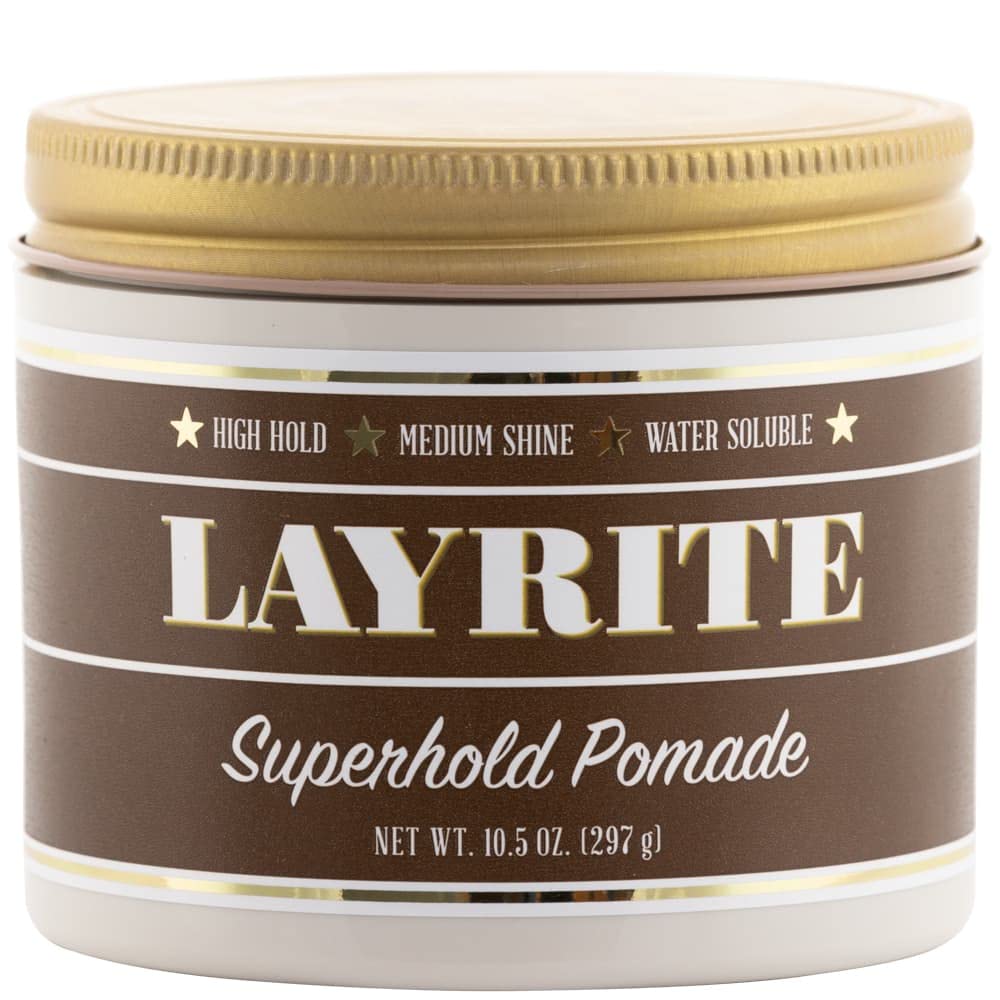 Layrite Super Hold Pomade jar showing product and vanilla scent for high-hold styling.